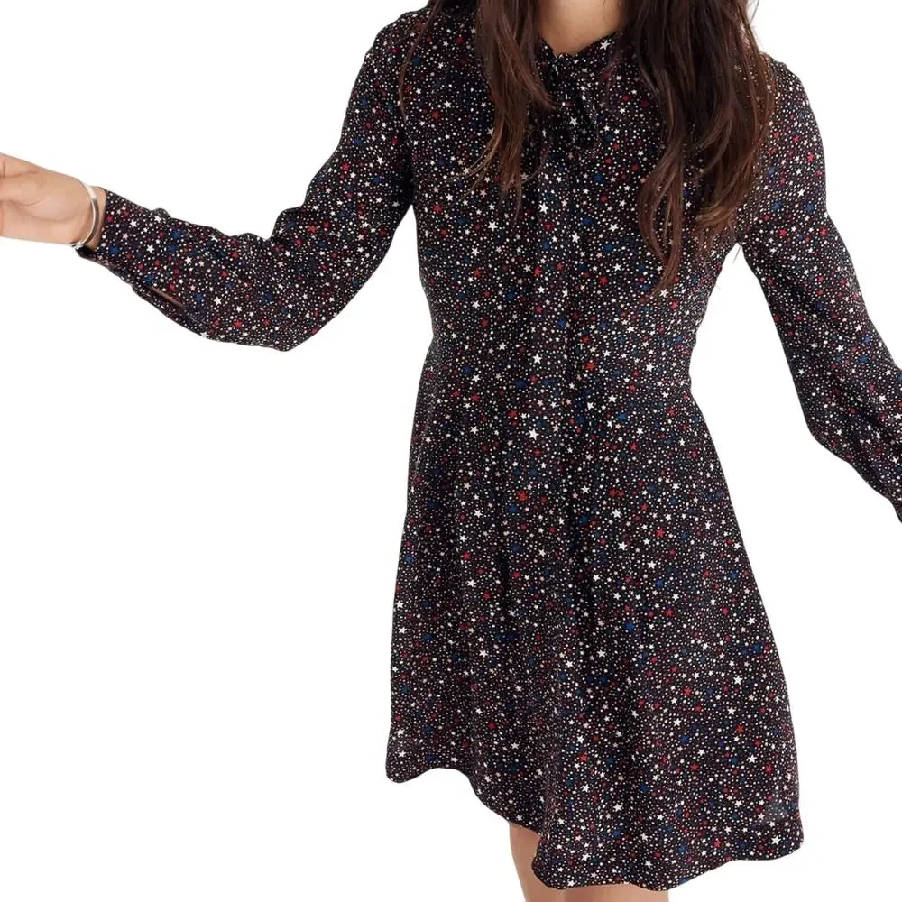 Madewell Balsam Silk Tie-Neck Dress in Starry Night Mediterranean, 12 - Picture 2 of 9